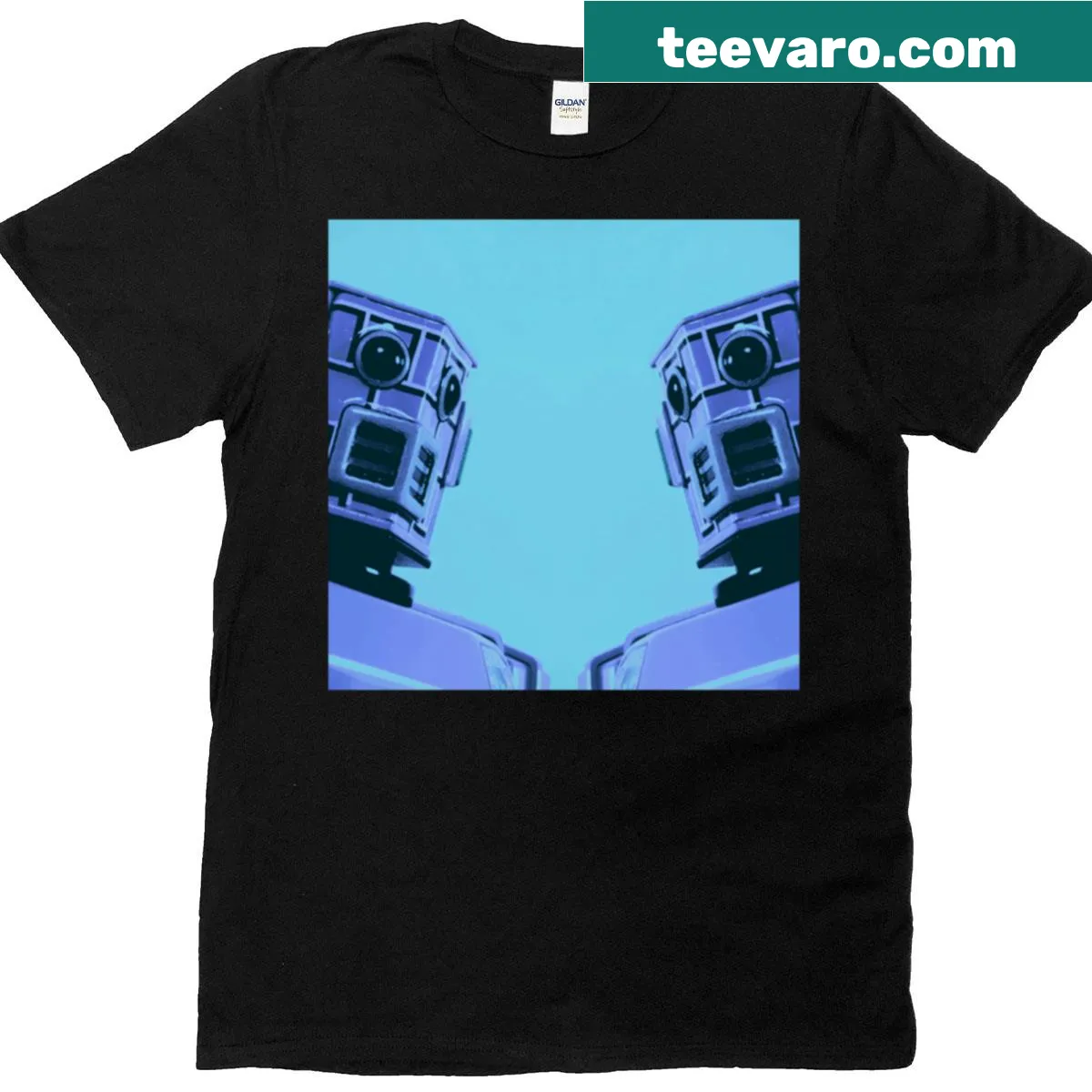 Classic Blue Robot t-shirt with playful illustration — on a men's t-shirt