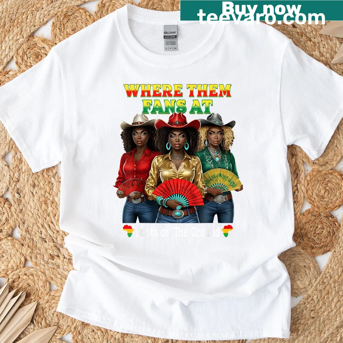 Juneteenth Cowgirl t-shirt with bold text about fans. — on a men's t-shirt
