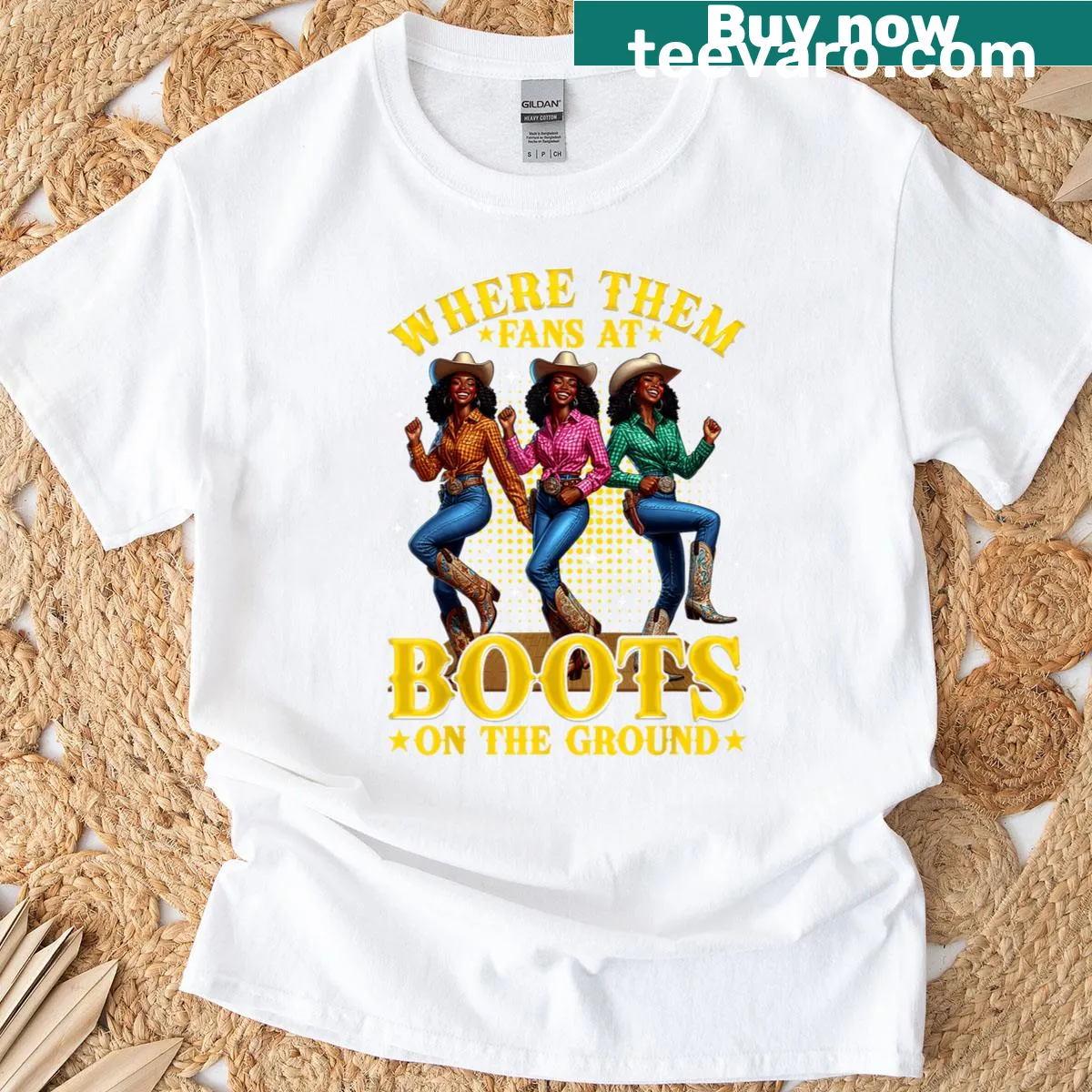 Black Cowgirl t-shirt with playful graphic of boots on the ground — on a men's t-shirt