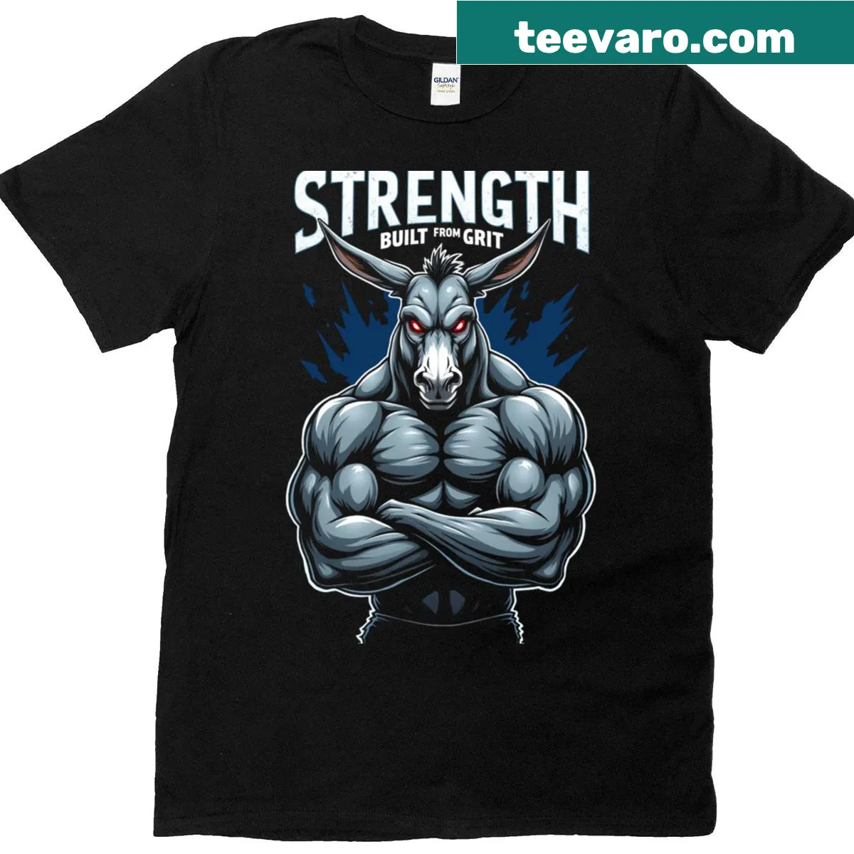 Muscular donkey graphic with motivational text for gym wear. — on a men's t-shirt