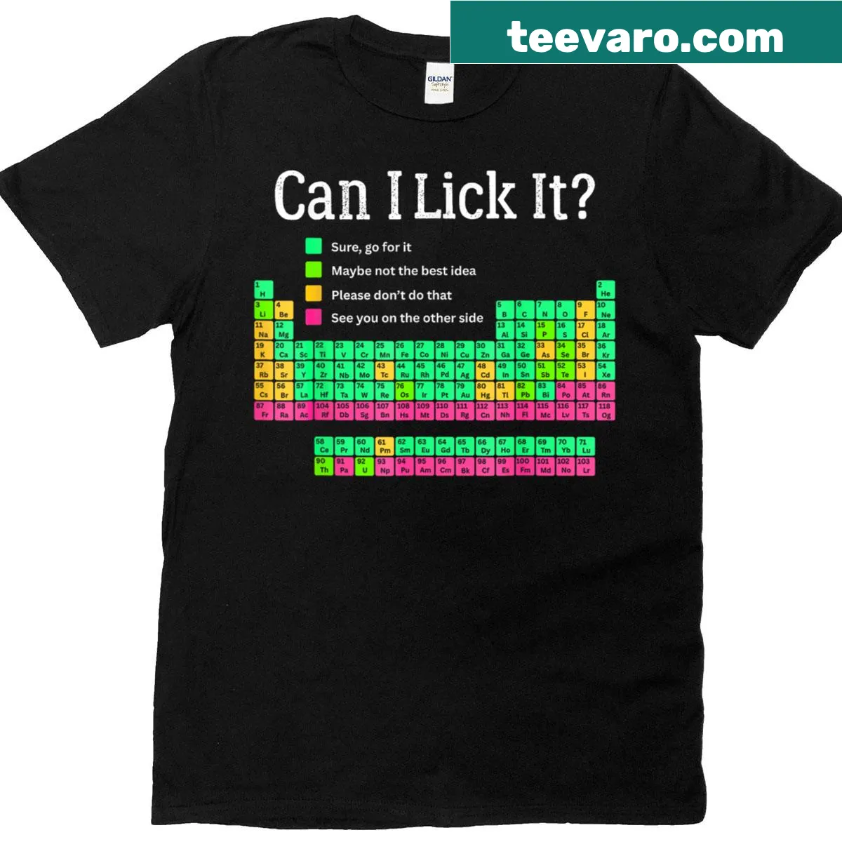 Funny periodic table graphic with 'Can I Lick It' text — on a men's t-shirt