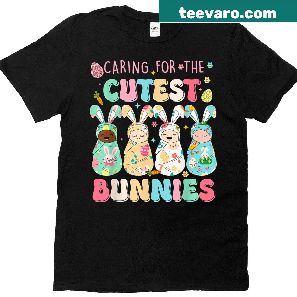 Funny text 'Caring For The Cutest' on a nurse-themed t-shirt — on a men's t-shirt