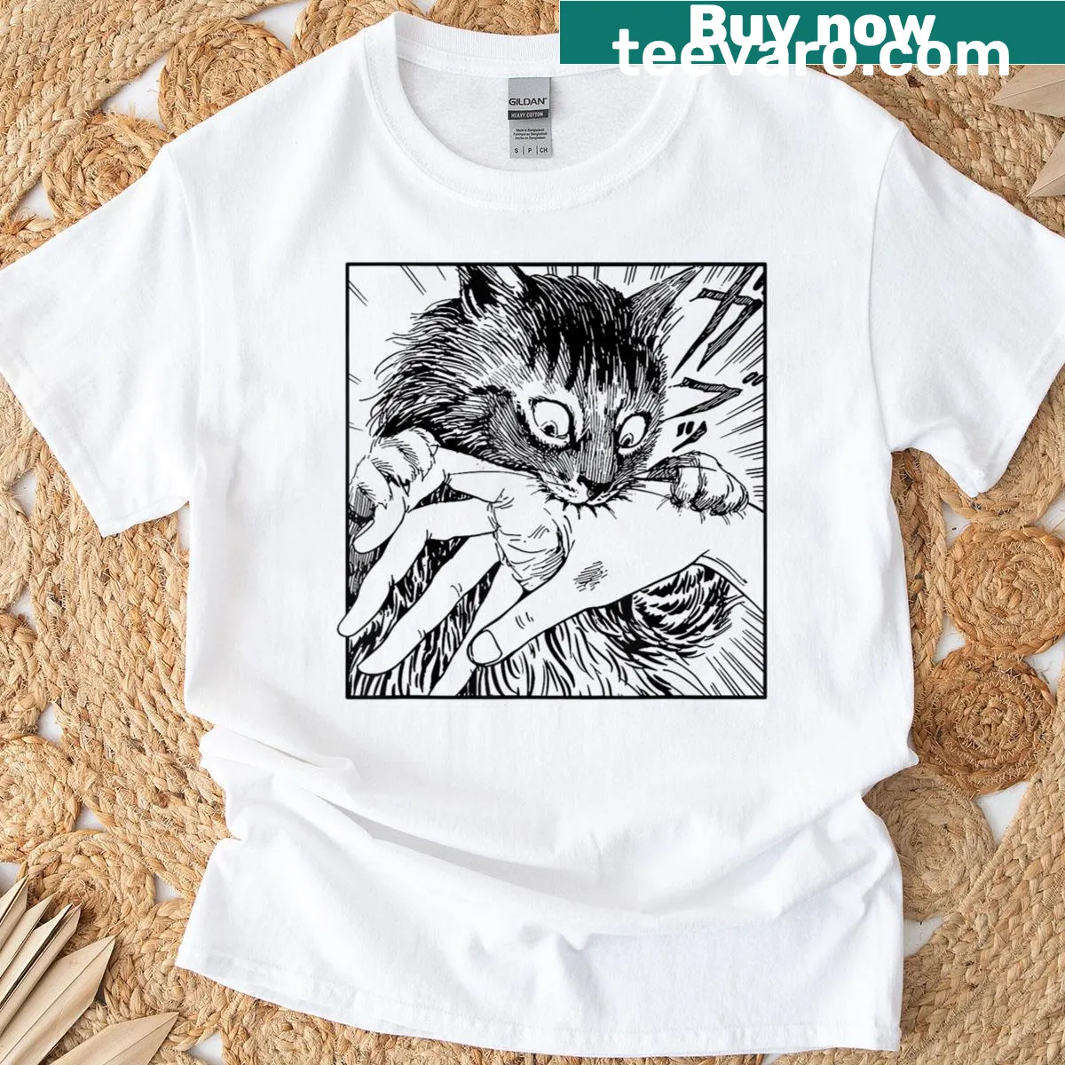 Creepy cat artwork in anime style on a horror-themed t-shirt — on a men's t-shirt