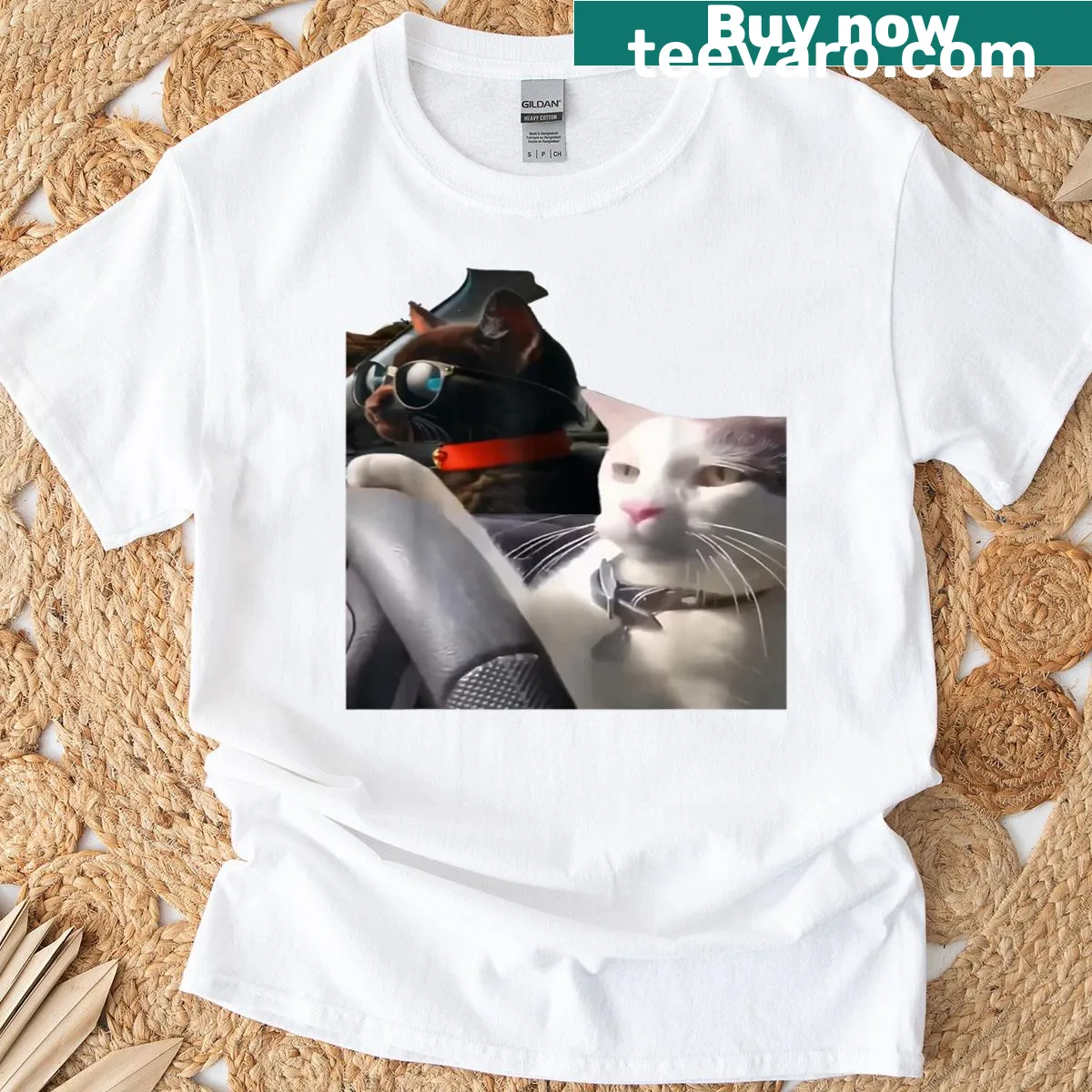 Cartoon cat driving a car in a humorous meme style — on a men's t-shirt