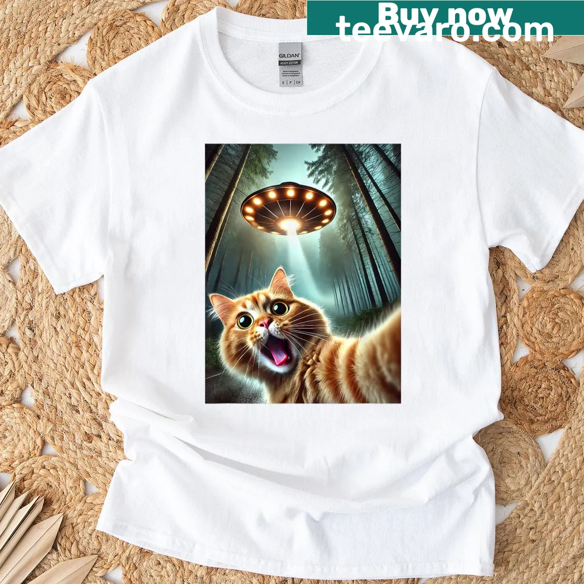 Funny cat t-shirt featuring a cartoon cat selfie with an alien — on a men's t-shirt