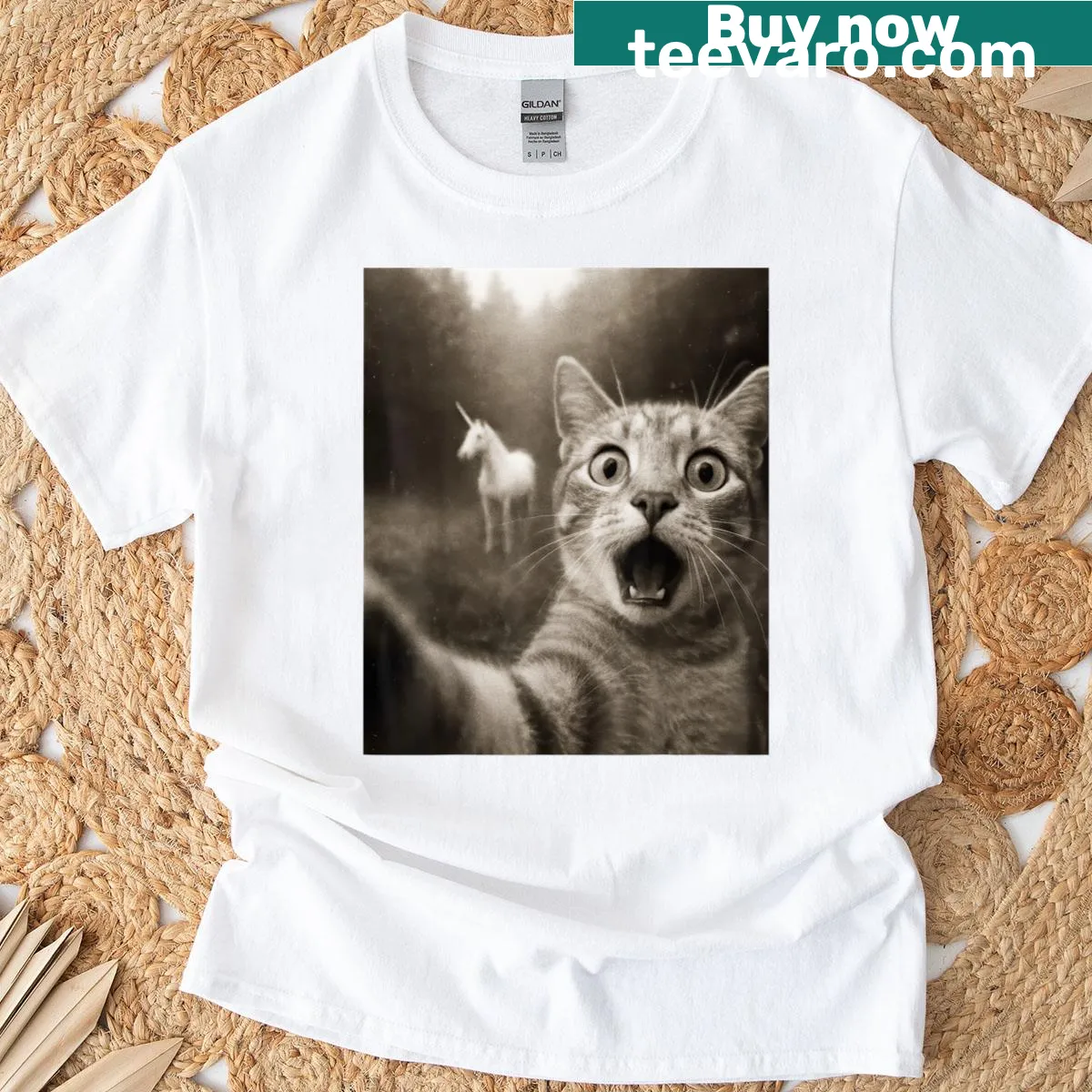 Blurry retro cat selfie with unicorn graphic — on a men's t-shirt