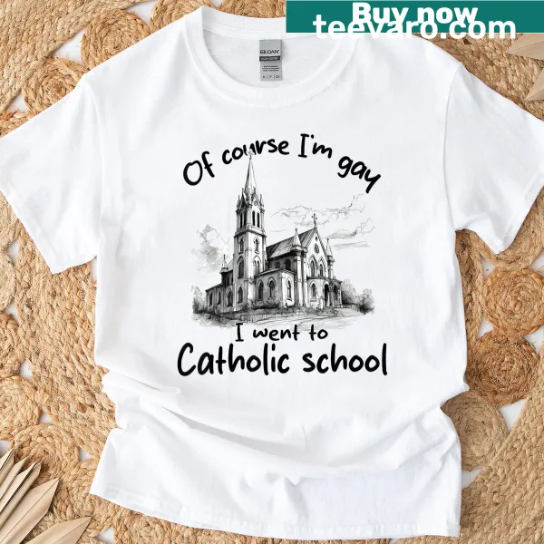 Sarcastic t-shirt with a Catholic school theme and LGBTQ+ humor