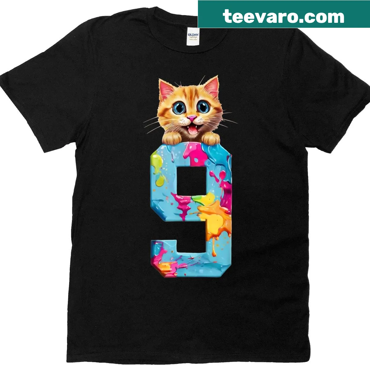 T-shirt with 'Cats 9 Years' text for a cat's birthday — on a men's t-shirt