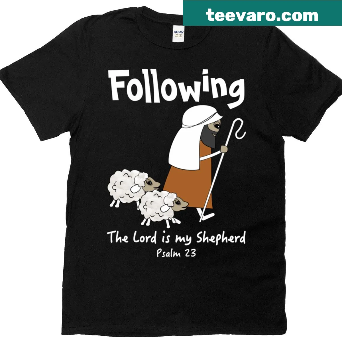 Illustration of sheep following a shepherd on a classic T-shirt — on a men's t-shirt