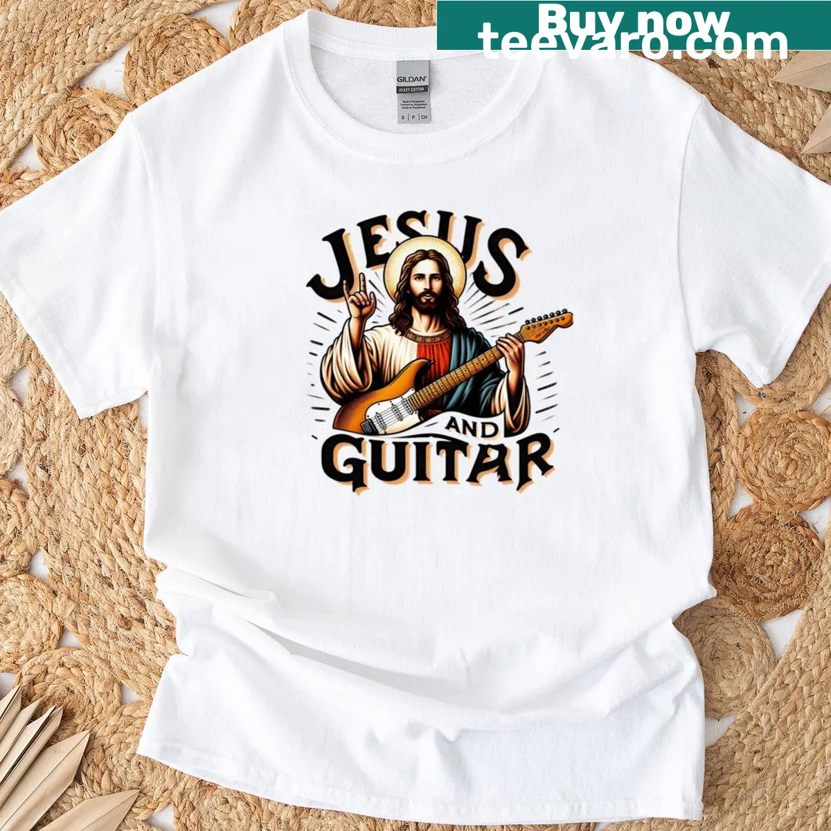 Christian t-shirt with guitar and Jesus graphic — on a men's t-shirt