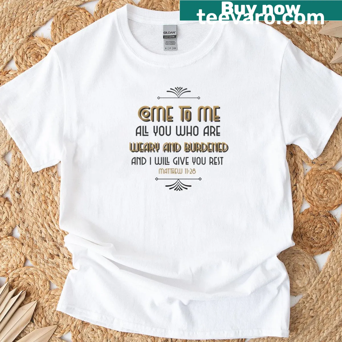 Typographic design featuring 'Come To Me And I Will Give You Rest' text — on a men's t-shirt
