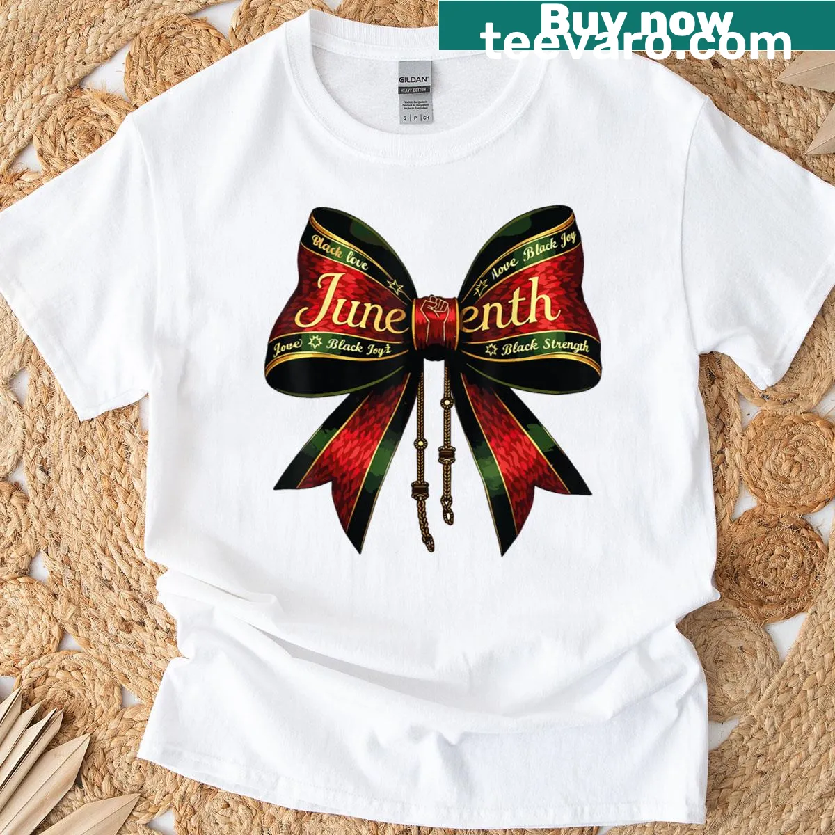 Illustrated bow design for Juneteenth celebration — on a men's t-shirt