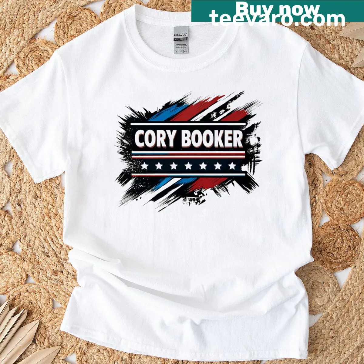 Typographic design referencing Senator Cory Booker and activism — on a men's t-shirt