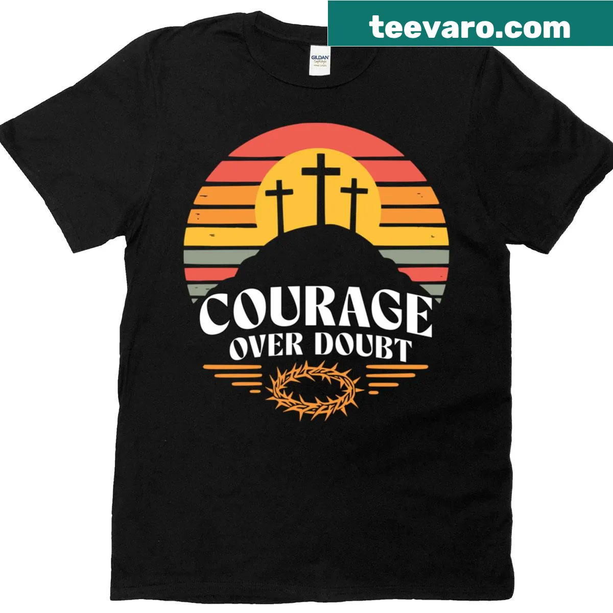 Vintage Christian-inspired t-shirt with Courage Over Doubt graphic — on a men's t-shirt