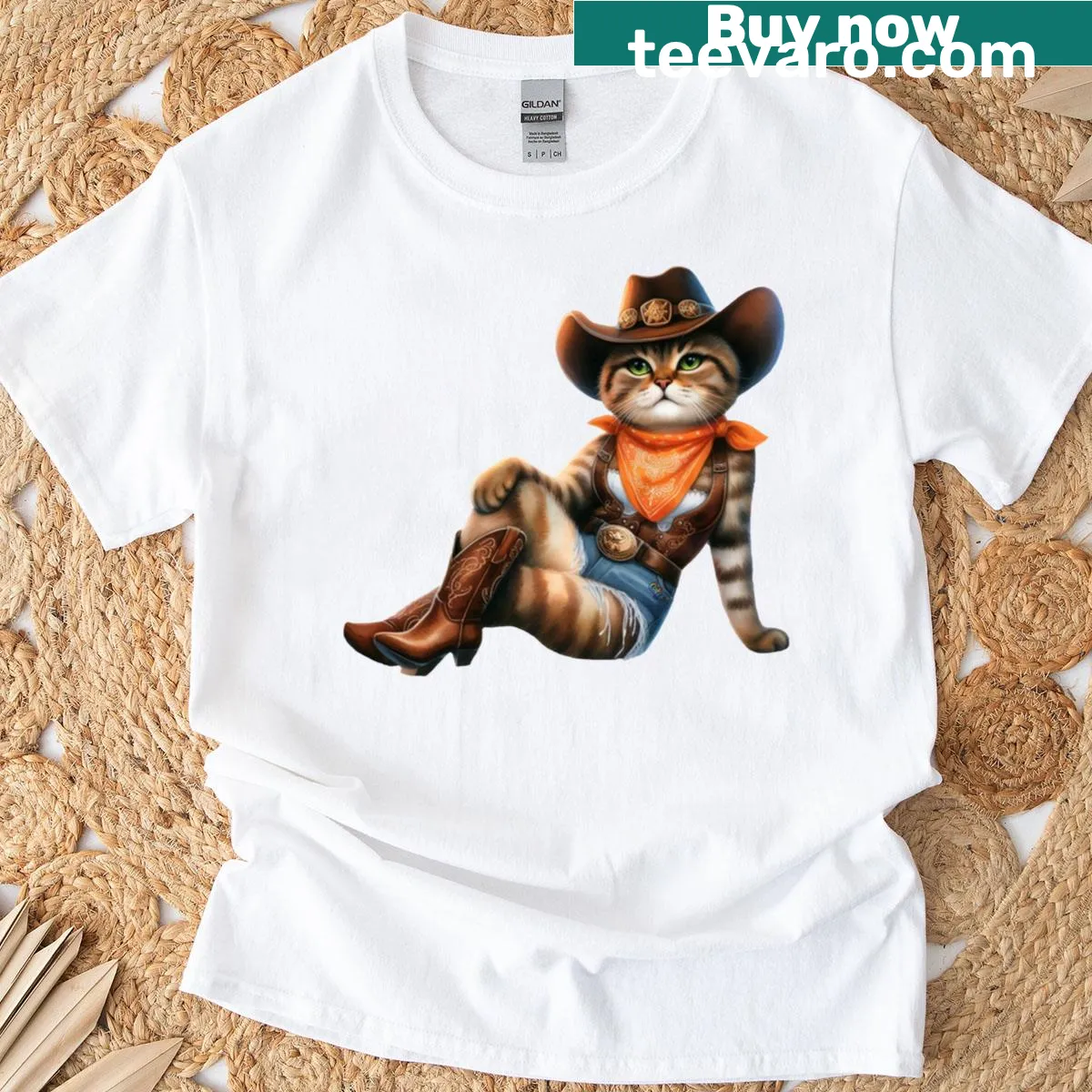 Cute cat dressed as a cowgirl on a classic t-shirt — on a men's t-shirt