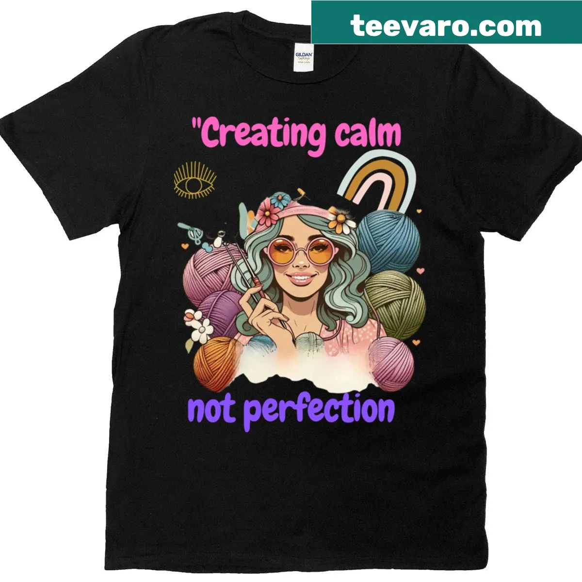 Retro knitting girl design with the phrase 'Creating Calm Not Perfection' — on a men's t-shirt