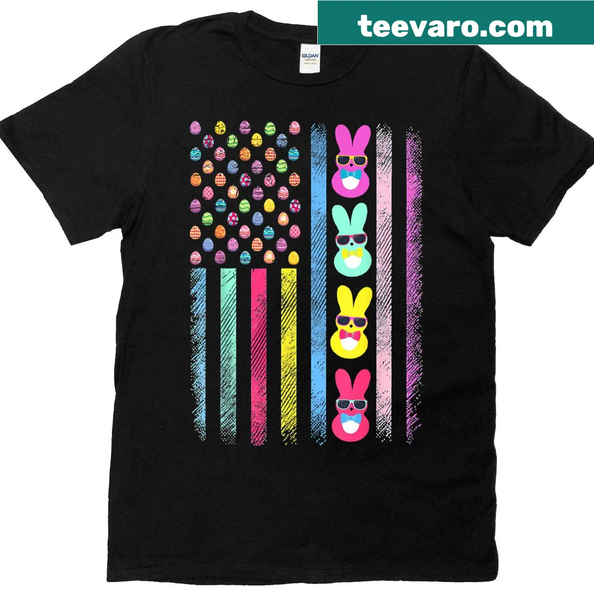 Cute bunny with American flag Easter eggs for kids — on a men's t-shirt