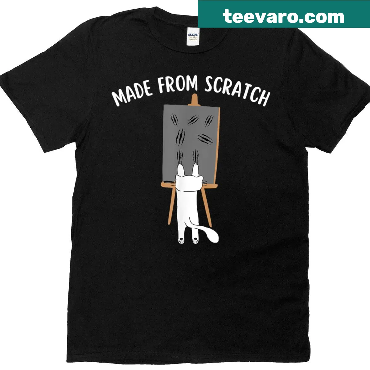 T-shirt featuring a white kitty cat and 'Made From Scratch' design — on a men's t-shirt