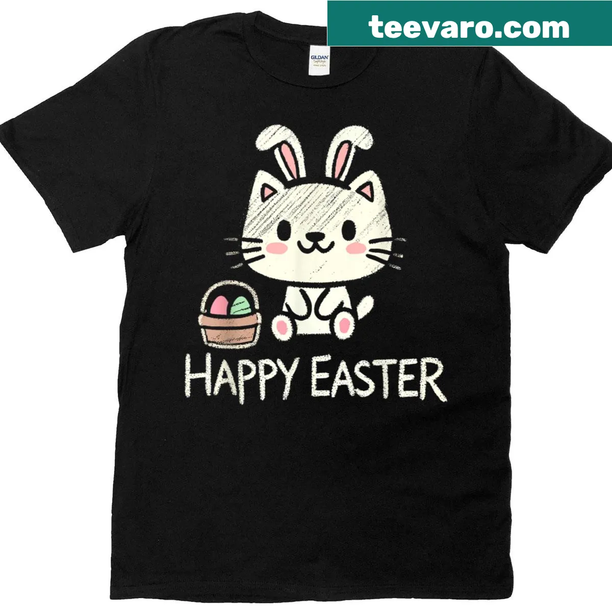 Funny Easter-themed T-shirt featuring a cute cartoon cat — on a men's t-shirt