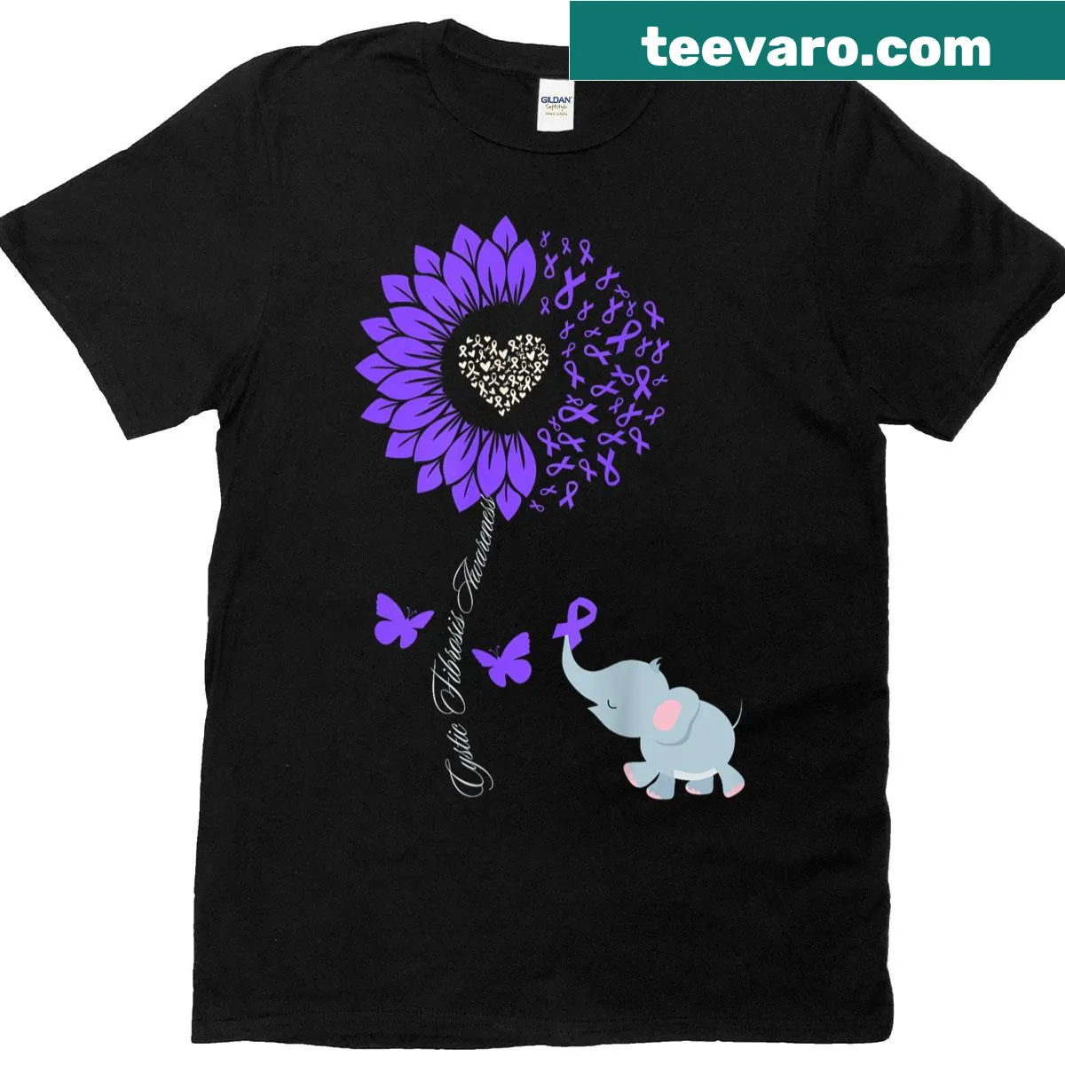 Cystic fibrosis awareness design with sunflower, elephant, and butterfly — on a men's t-shirt