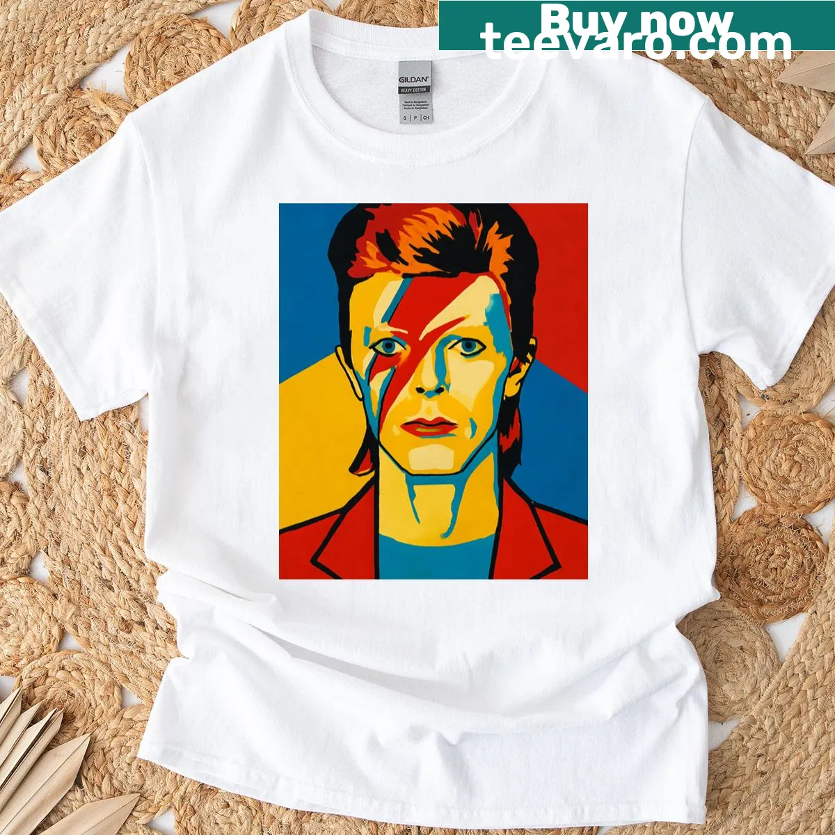 Pop art graphic T-shirt featuring David Bowie design — on a men's t-shirt