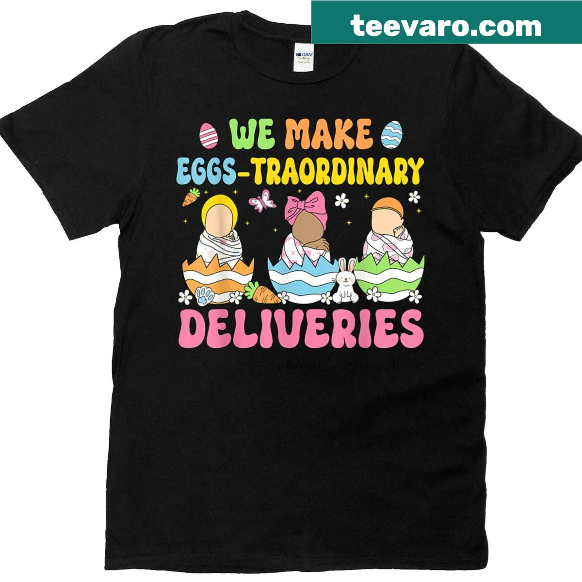 Cute Easter T-shirt featuring bunnies and a playful nurse theme — on a men's t-shirt