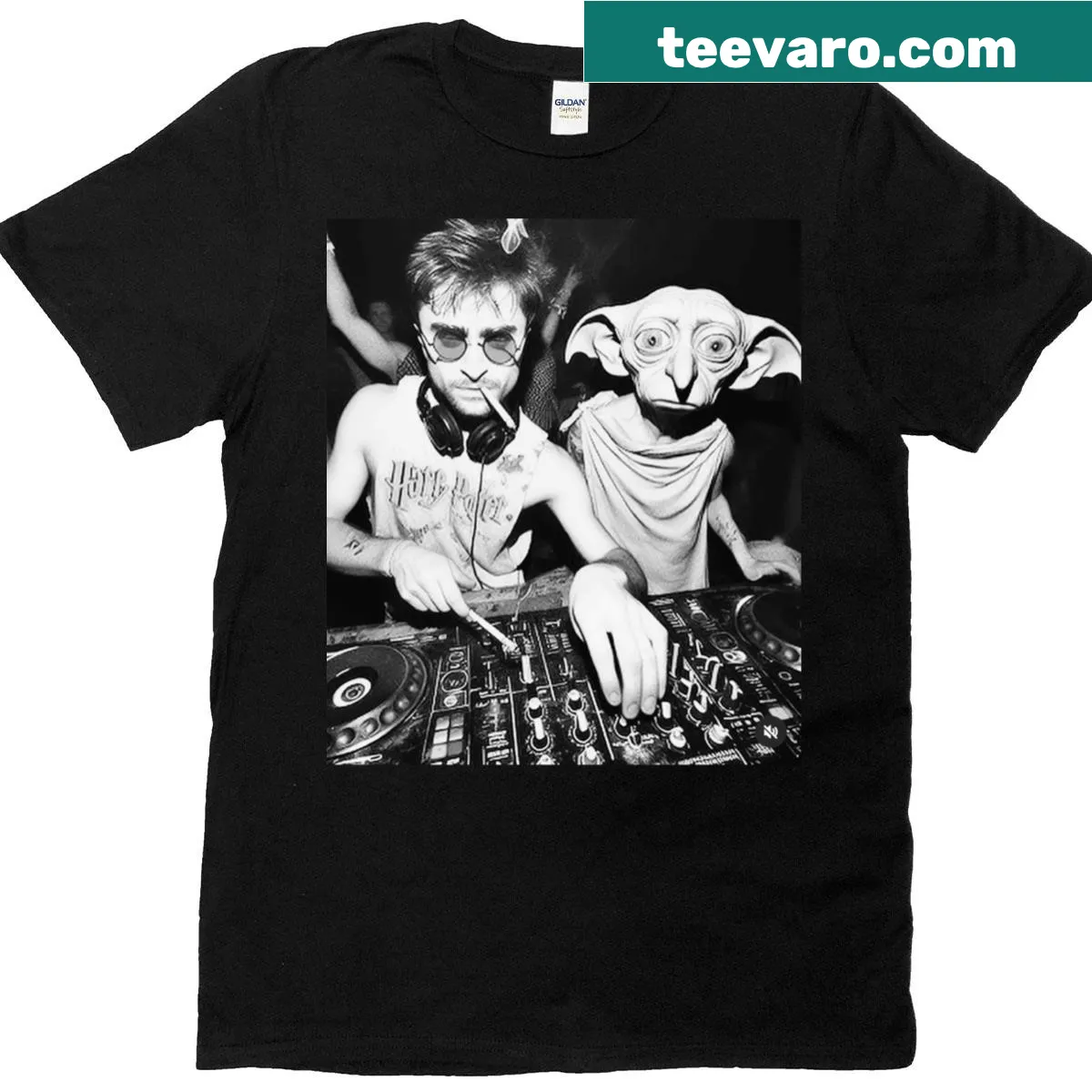 T-shirt featuring Dobby and Harry Potter illustration in nostalgic style — on a men's t-shirt