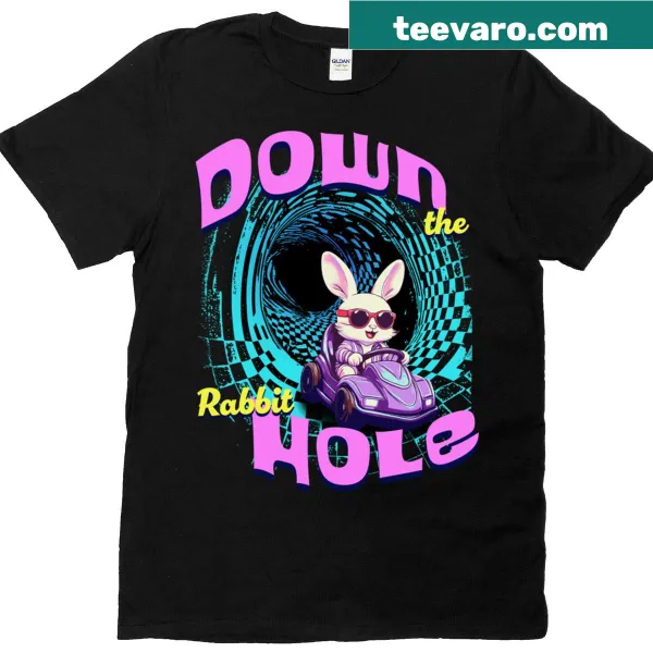 T-shirt featuring an illustration of 'Down The Rabbit Hole' theme for adventure lovers