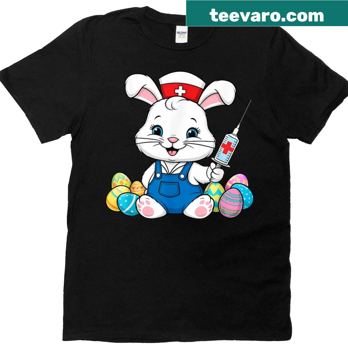 Cute Easter Bunny nurse T-shirt with stethoscope design — on a men's t-shirt