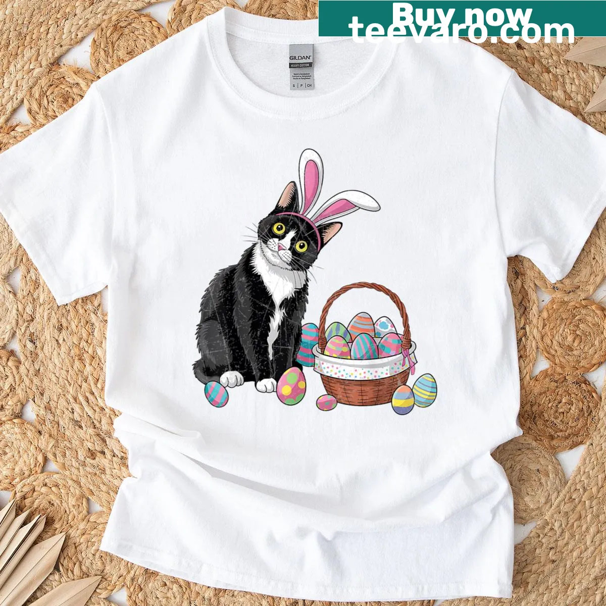 Funny Easter graphic t-shirt featuring cats with bunny ears and eggs — on a men's t-shirt