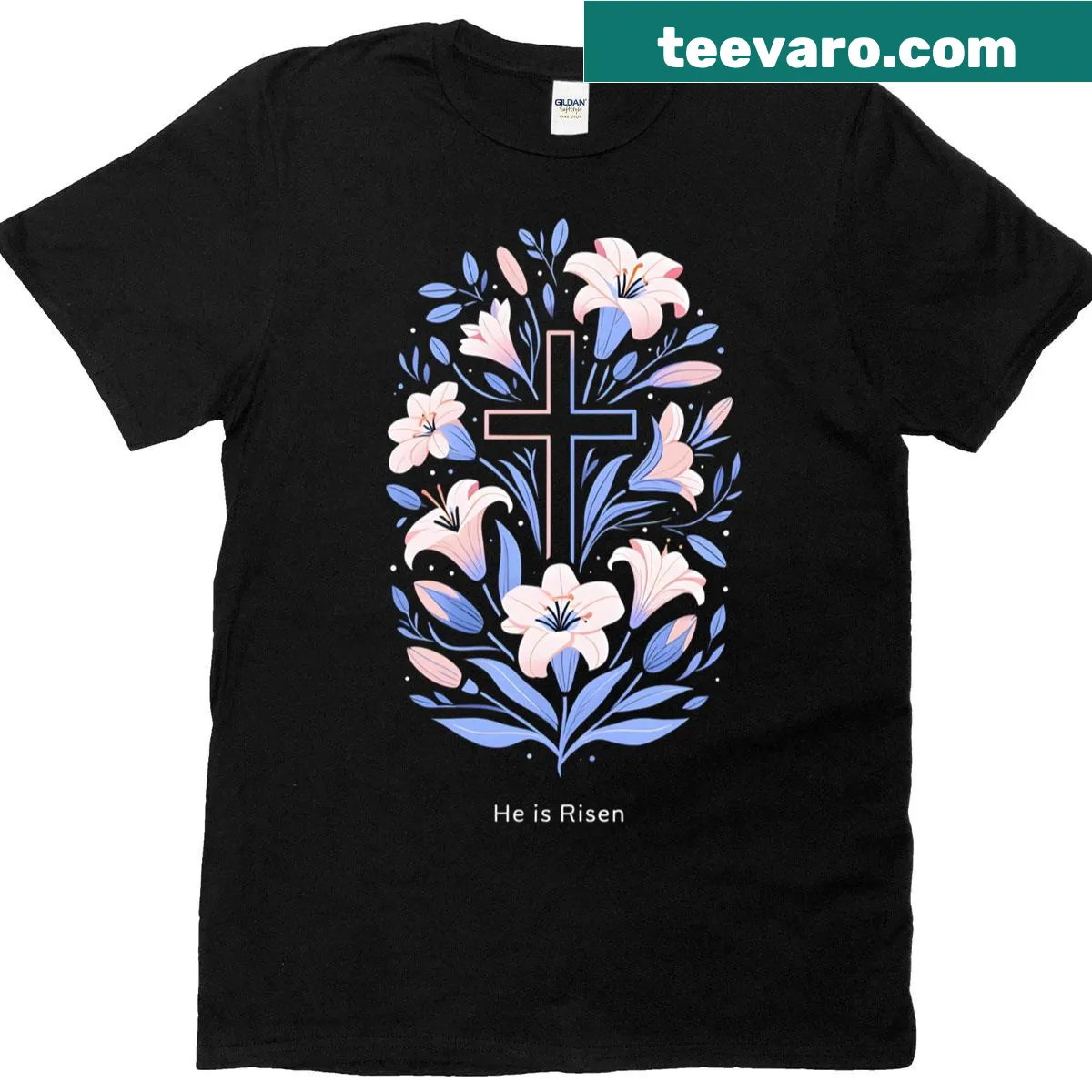 Elegant t-shirt with a cross and lilies design, symbolizing Easter and faith. — on a men's t-shirt