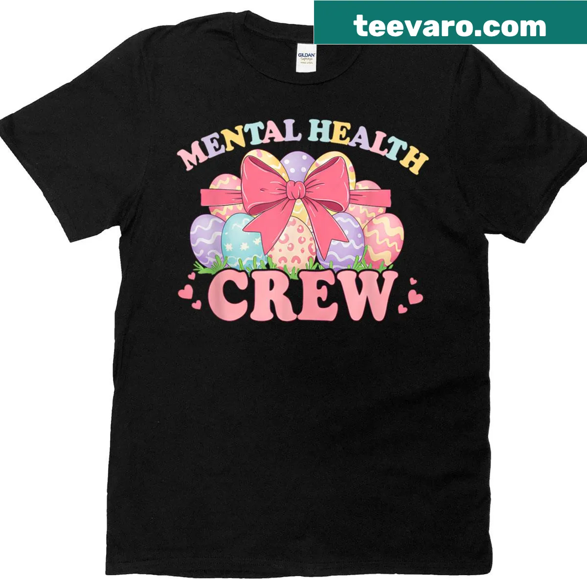 Illustrated bunny with Easter eggs and coquette bows on a t-shirt — on a men's t-shirt