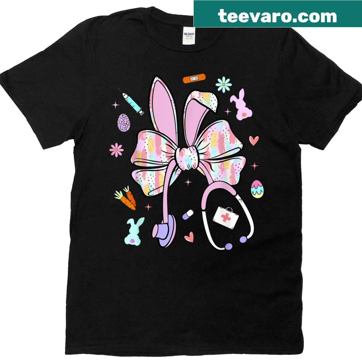 Bunny with stethoscope and coquette bows on an Easter-themed T-shirt — on a men's t-shirt
