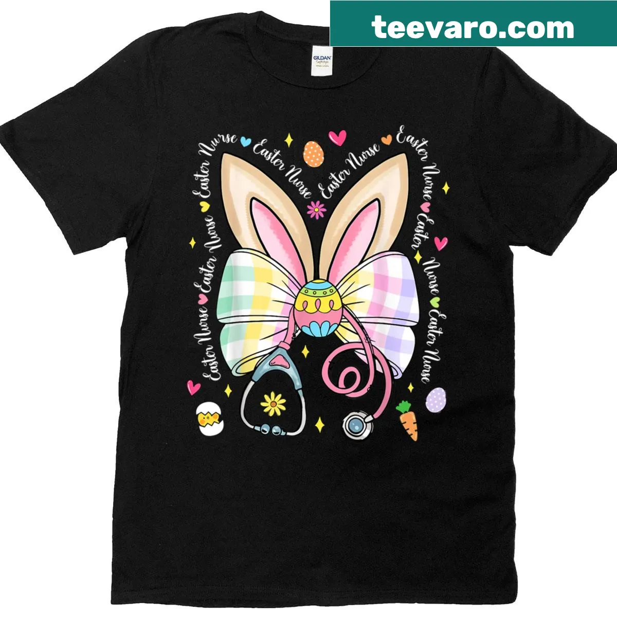Cute Easter T-shirt with bunny, stethoscope, and coquette bow design — on a men's t-shirt