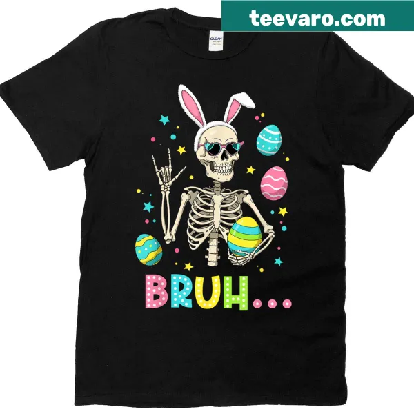 Edgy Easter T-shirt with a skeleton bunny and rock hand gesture