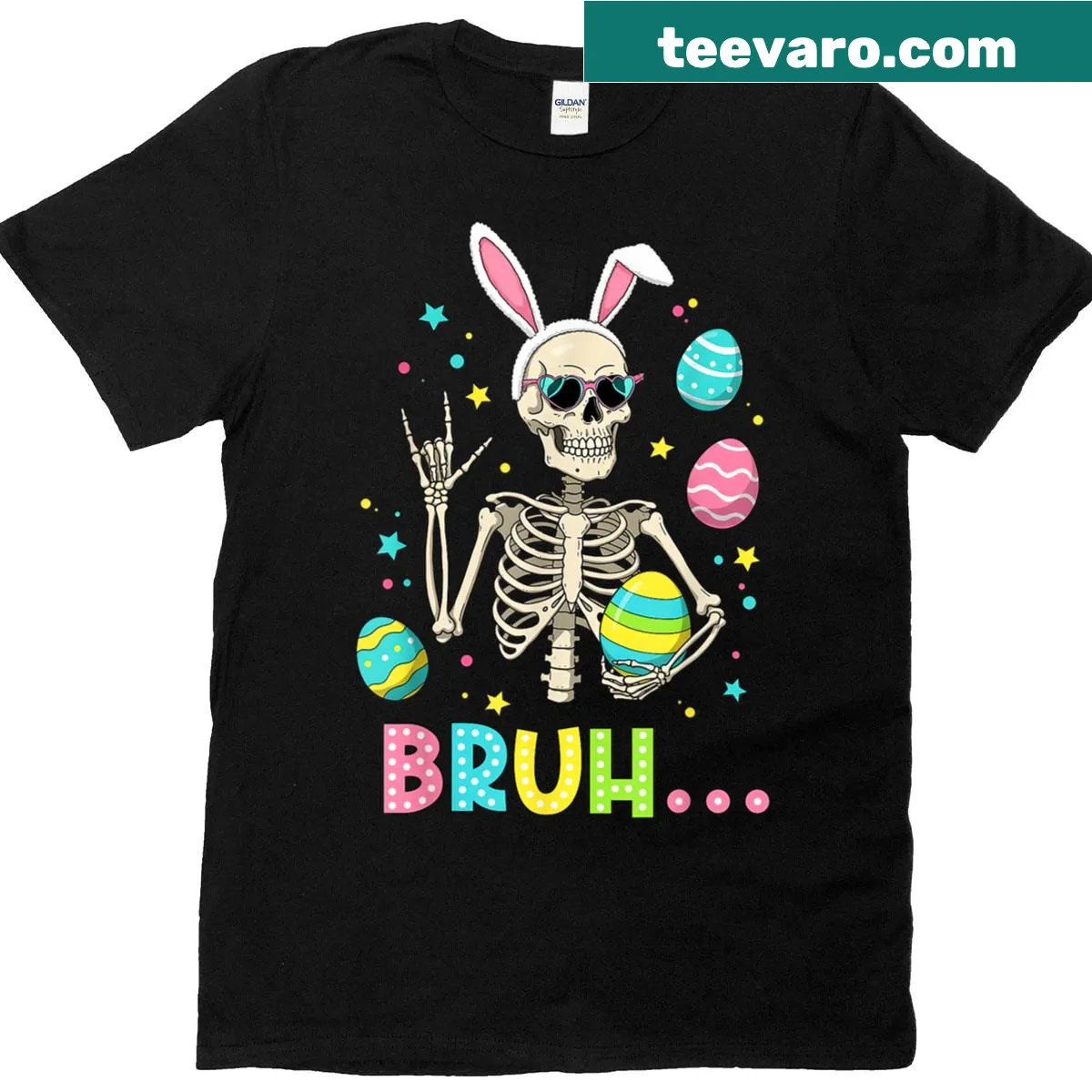 Edgy Easter T-shirt with a skeleton bunny and rock hand gesture — on a men's t-shirt