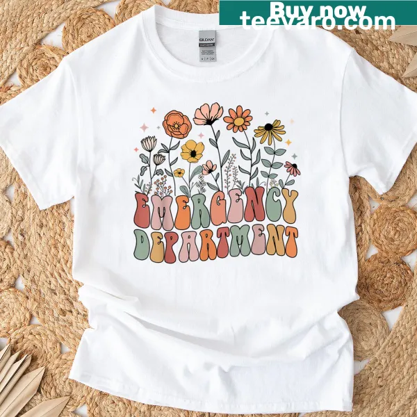 Floral T-shirt for women featuring a nurse tech theme in the emergency department.