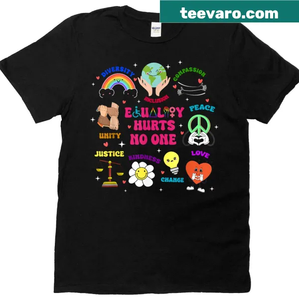Graphic t-shirt with 'Equality Hurts No One' and rainbow design