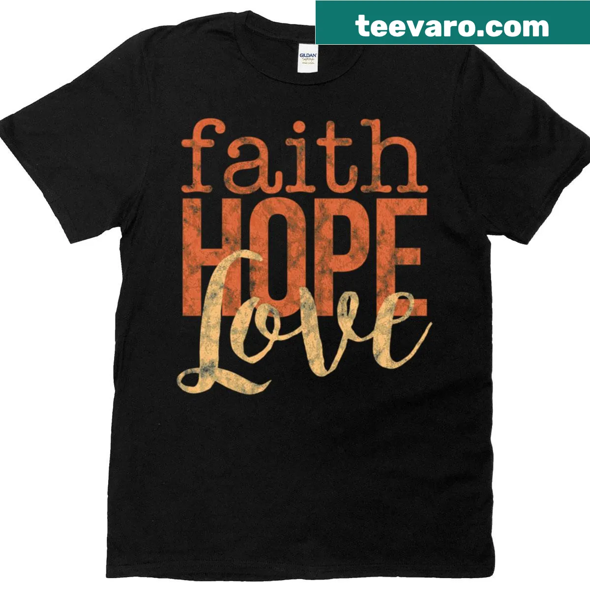 T-shirt with the words Faith, Hope, Love in a stylish font — on a men's t-shirt