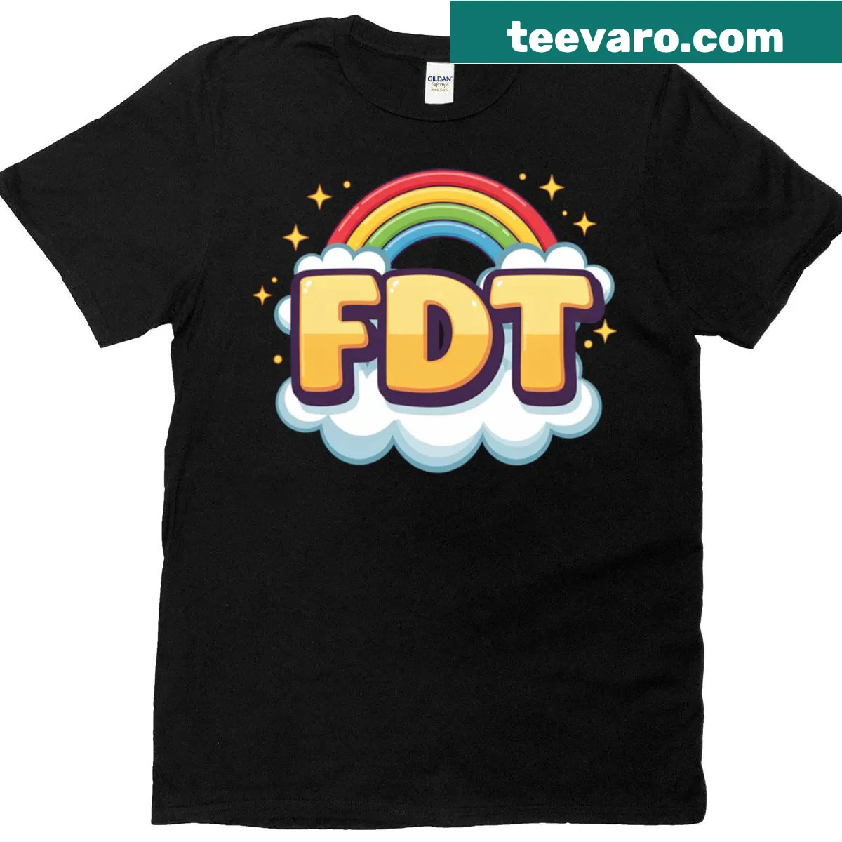 Playful T-shirt featuring abstract rainbow gear typography. — on a men's t-shirt