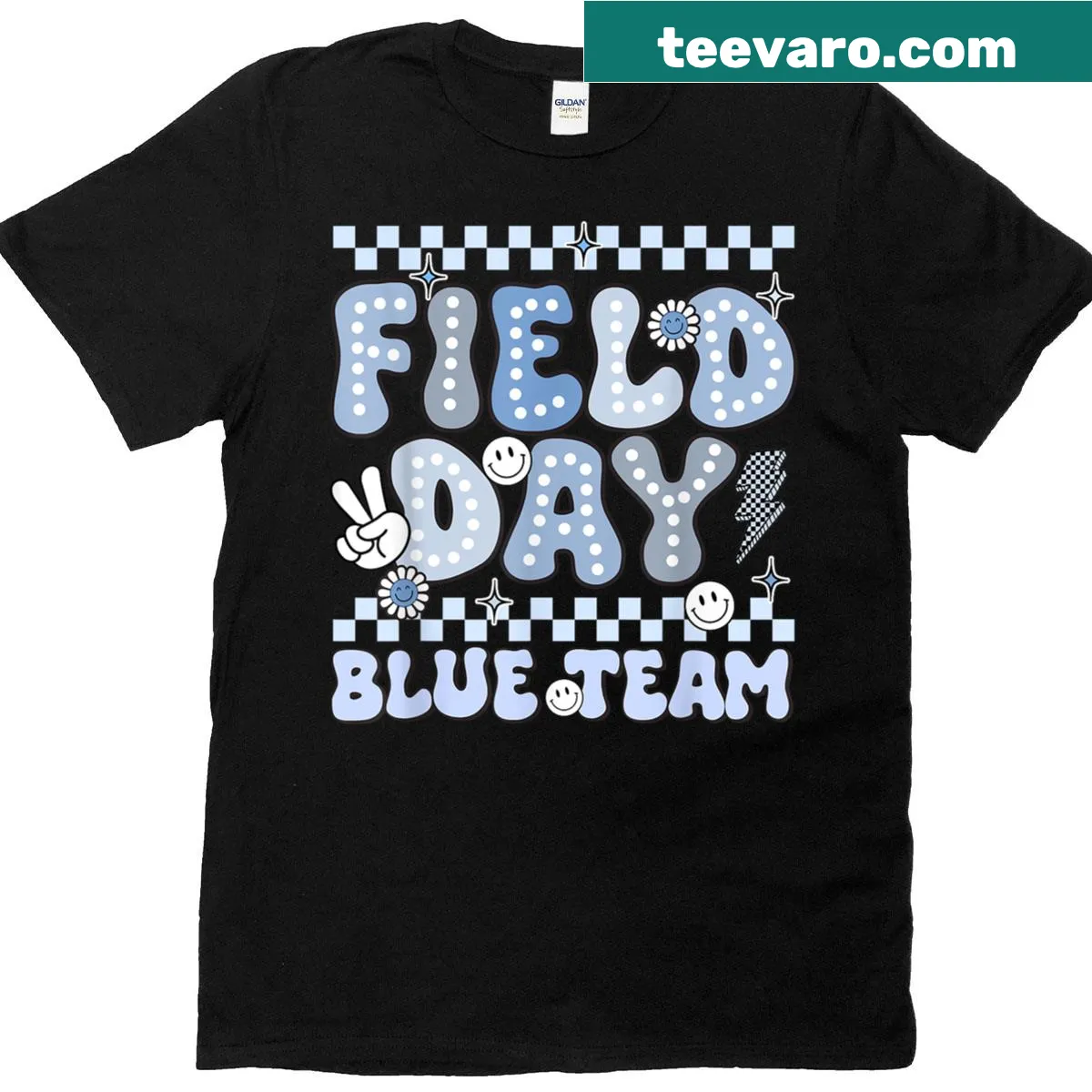 Cheerful T-shirt with smile face graphic for student field day — on a men's t-shirt