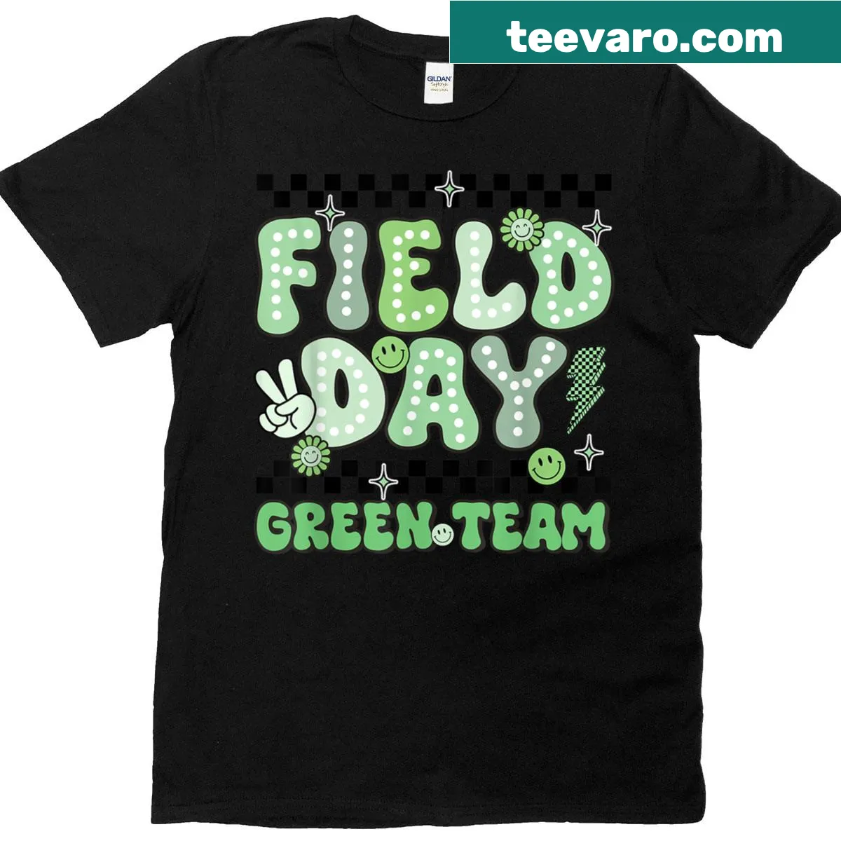 Field Day Green Team t-shirt with smiley face and checkered design — on a men's t-shirt