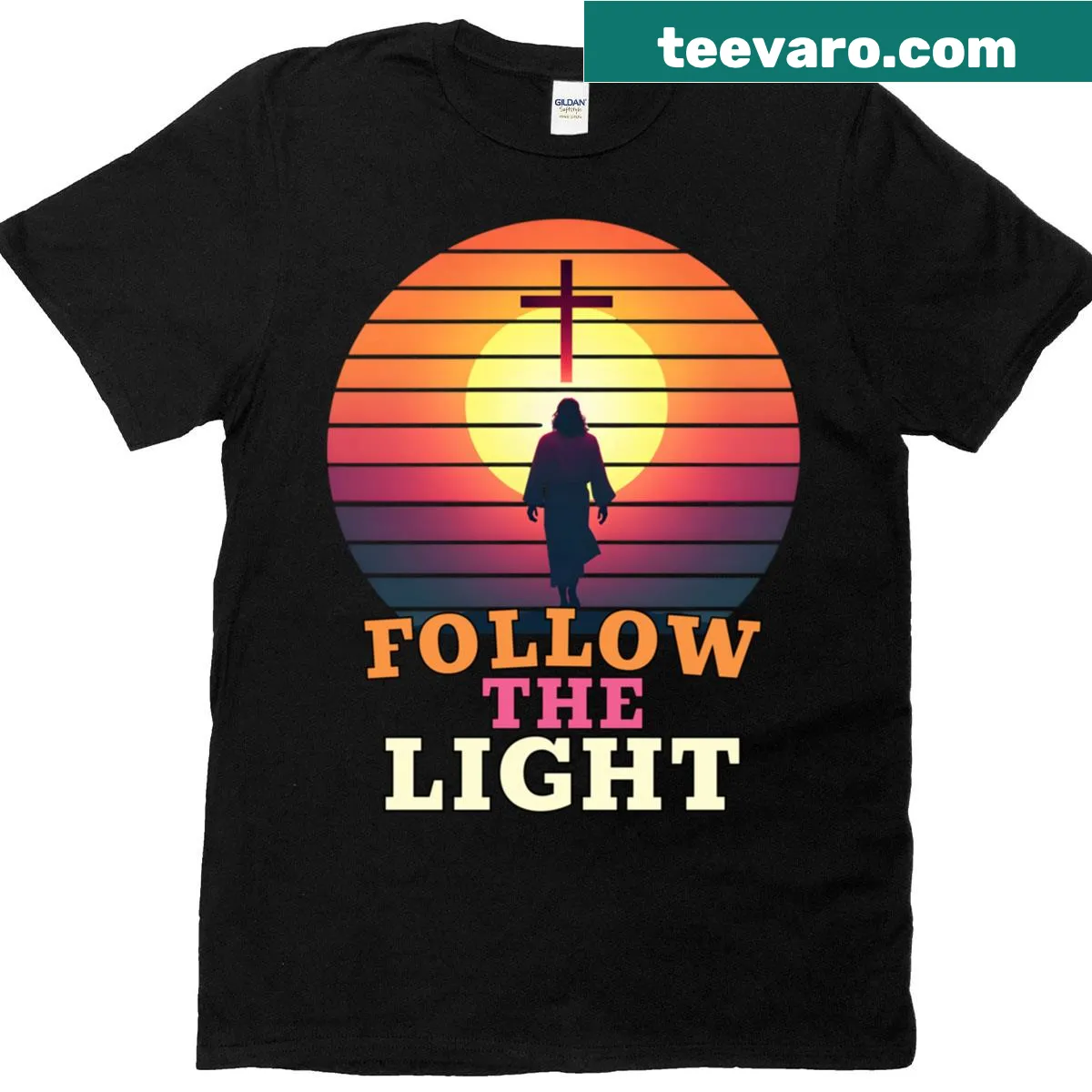 Christian-inspired sunset design T-shirt with 'Follow The Light' text — on a men's t-shirt