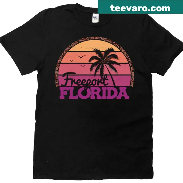 Retro sunset graphic and local pride logo on a classic tee for Freeport, Florida.