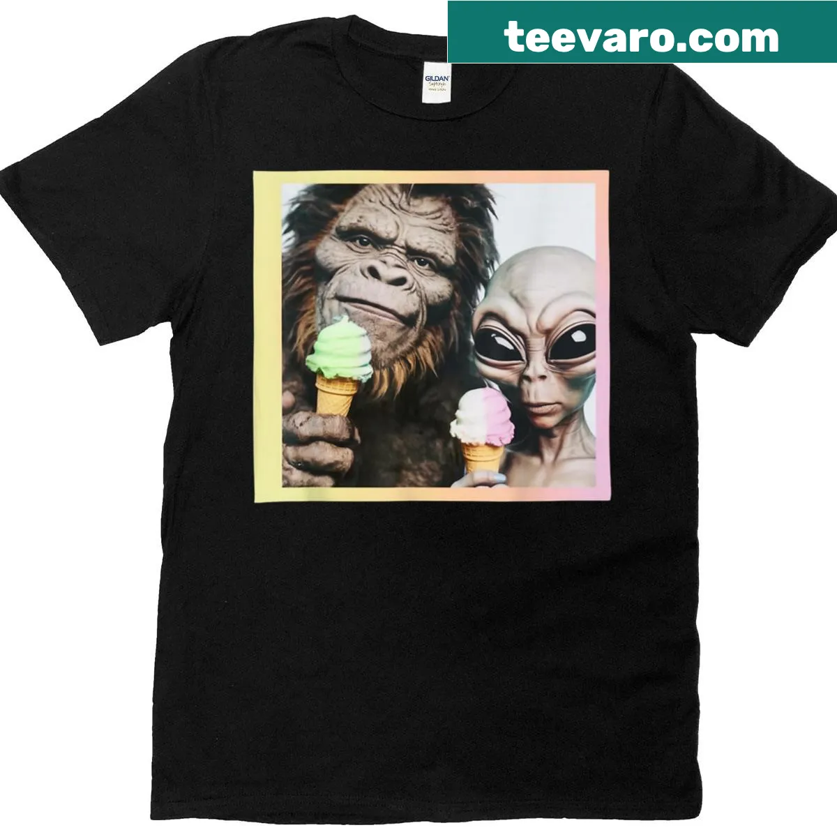 Quirky T-shirt featuring Bigfoot, UFO, and ice cream design — on a men's t-shirt