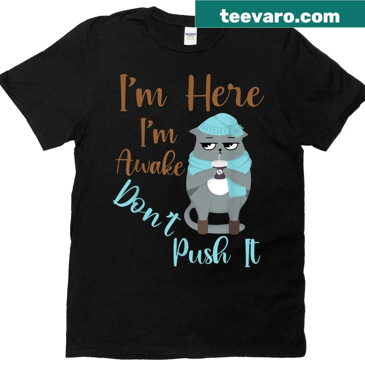 Funny adult humor cat t-shirt with the phrase 'I'm here, I'm awake' — on a men's t-shirt