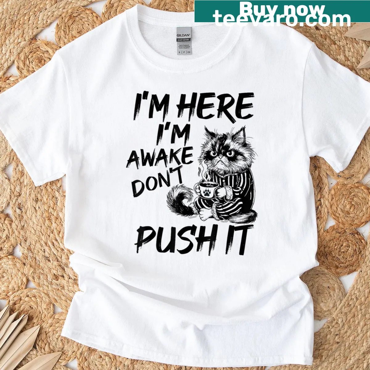Cute cat graphic t-shirt with the text I'm here, I'm awake — on a men's t-shirt
