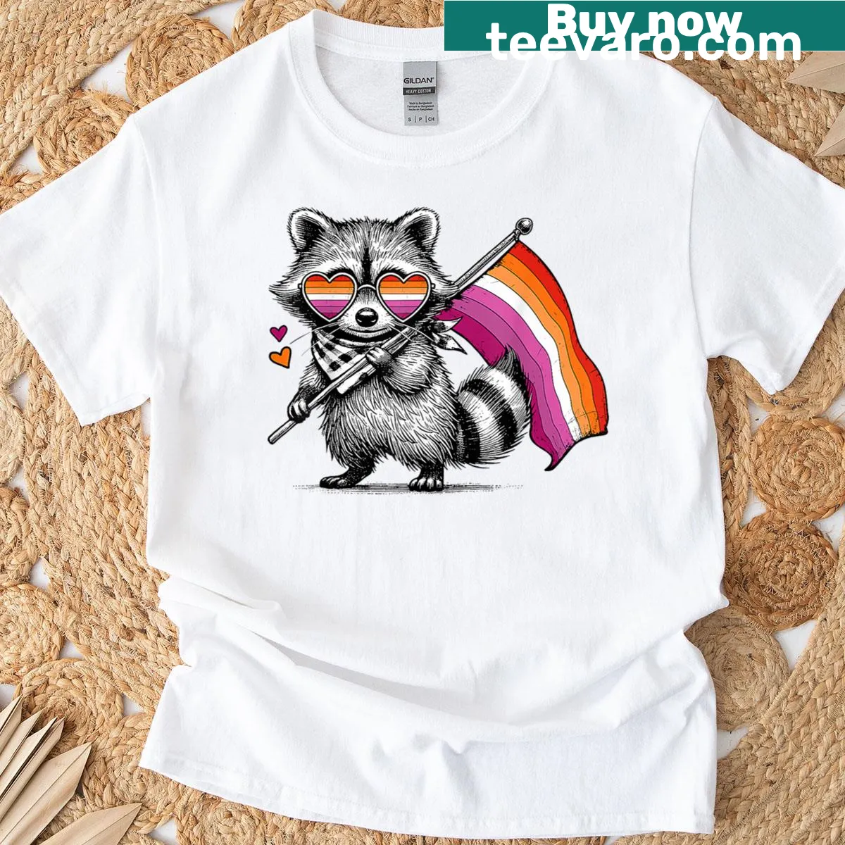 Cute raccoon holding a pride flag on T-shirt — on a men's t-shirt