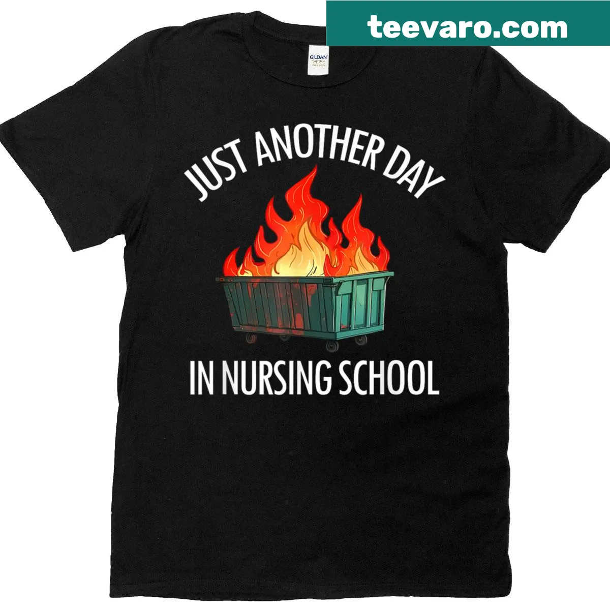 Humorous T-shirt featuring a dumpster fire graphic for nursing school. — on a men's t-shirt