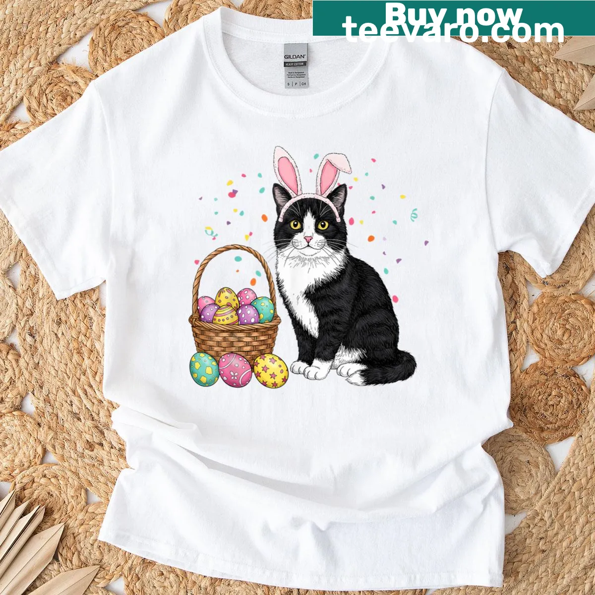 Cute cat with bunny ears graphic T-shirt for Easter — on a men's t-shirt